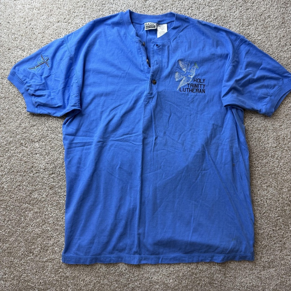 Vintage Basic Editions Holy Trinity Lutheran Shirt Mens Large Blue Henley Tee